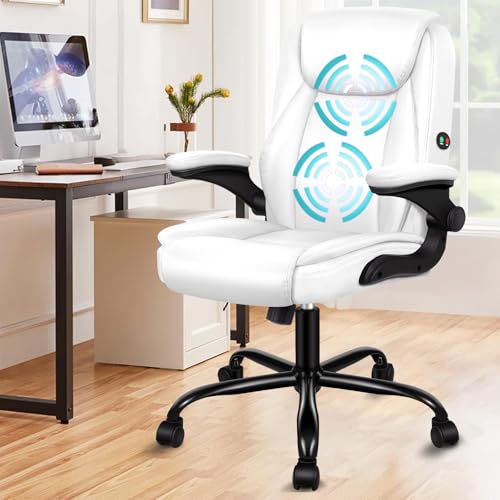 ALFORDSON Ergonomischer Massage BüRostuhl Mid Back Mit Klappbarer Armlehne, Studienstuhl Mit SGS Gas-Lift, Gaming Stuhl FüR Computer Arbeitstisch, Max Belastung 150kg, PU-Leder, Weiß von ALFORDSON
