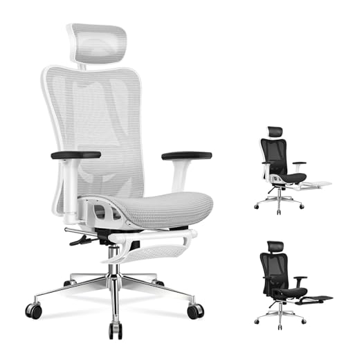 ALFORDSON Ergonomischer Netz-Bürostuhl mit 3D-Armlehne, Chefsessel mit Verstellbarer Kopfstütze und Fußstütze, neigbarer Schreibtischstuhl mit adaptiver Lendenwirbelstütze, Gary & Weiß von ALFORDSON