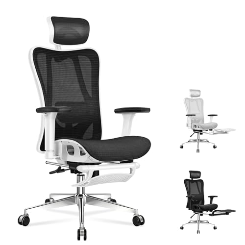 ALFORDSON Ergonomischer Netz-Bürostuhl mit 3D-Armlehne, Chefsessel mit Verstellbarer Kopfstütze und Fußstütze, neigbarer Schreibtischstuhl mit adaptiver Lendenwirbelstütze, Schwarz & Weiß von ALFORDSON