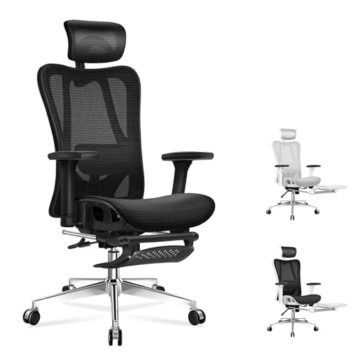 ALFORDSON Ergonomischer Netz-Bürostuhl mit 3D-Armlehne, Chefsessel mit Verstellbarer Kopfstütze und Fußstütze, neigbarer Schreibtischstuhl mit adaptiver Lendenwirbelstütze, Schwarz von ALFORDSON