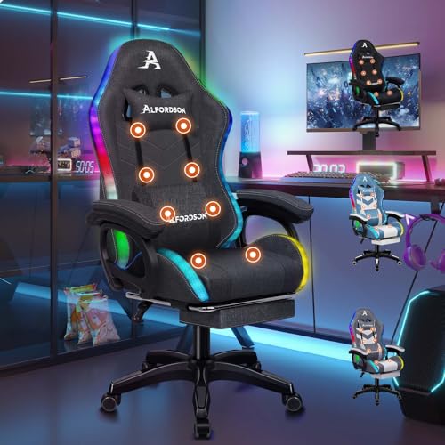 ALFORDSON Gamer Stuhl Ergonomisch, Gamer Stühle mit Lendenwirbelkissen, Kopfstütze Gaming Stuhl Höhenverstellbar Bürostuhl Computerstuhl für Erwachsene Mädchen Jungen, Leinenstoff, Grau von ALFORDSON
