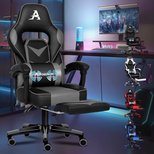 ALFORDSON Gaming-Bürostuhl, mit ergonomischer Unterstützung, luxuriösem Komfort, mit Fußstütze, Armlehne aus PU-Leder, Kopfstütze, Heimstuhl, Grau von ALFORDSON