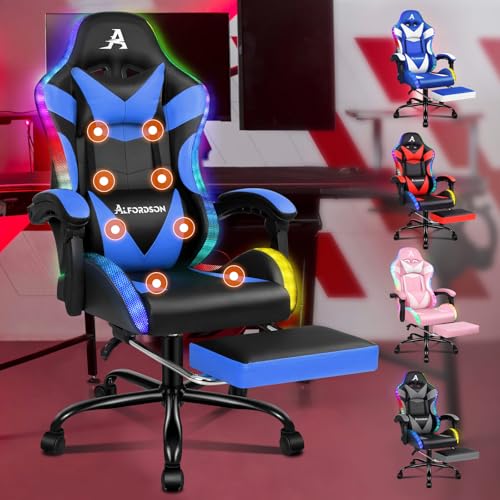 ALFORDSON Gaming-Massagestuhl, Massage-Rennstuhl mit LED, ergonomischer Schreibtischstuhl mit 150° Neigung, einziehbarer Fußstütze, PU-Leder, höhenverstellbar, 180 kg Tragkraft, Blau von ALFORDSON