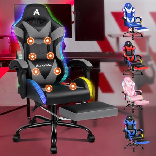 ALFORDSON Gaming-Massagestuhl, Massage-Rennstuhl mit LED, ergonomischer Schreibtischstuhl mit 150° Neigung, einziehbarer Fußstütze, PU-Leder, höhenverstellbar, 180 kg Tragkraft, Grau ALFORDSON Gaming-Massagestuhl, Massage-Rennstuhl mit LED, ergonomischer Schreibtischstuhl mit 150° Neigung, einziehbarer Fußstütze, PU-Leder, höhenverstellbar, 180 kg Tragkraft, Grau von ALFORDSON