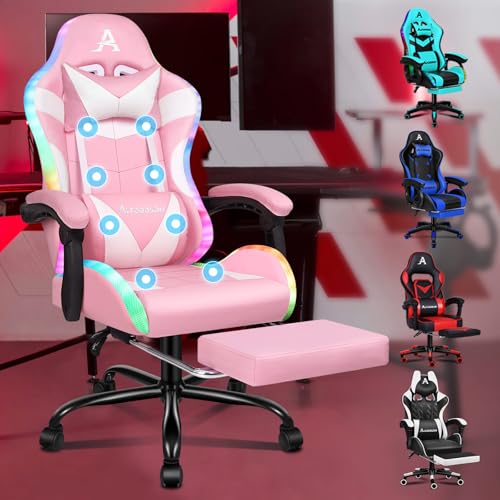 ALFORDSON Gaming-Massagestuhl, Massage-Rennstuhl mit LED, ergonomischer Schreibtischstuhl mit 150° Neigung, einziehbarer Fußstütze, PU-Leder, höhenverstellbar, 180 kg Tragkraft, Rosa von ALFORDSON