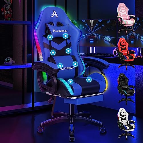 ALFORDSON Gaming Stuhl mit LED, Gaming Sessel mit 8-Punkt Massage, Ergonomischer Gamer Stuhl mit RGB Beleuchtung, Drehsessel mit Lordosenstütze und Kopfstütze, Höhenverstellbar, Blau von ALFORDSON