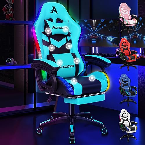 ALFORDSON Gaming-Stuhl, Bürostuhl, Drehstuhl, großer Stuhl, 8-Punkt-Massage, 12-Farben-RGB-LED-Licht, ergonomisch, mit Fußstütze, Kopfstütze und Lendenkissen, Cyan und Schwarz von ALFORDSON