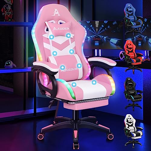 ALFORDSON Gaming Stuhl mit LED, Gaming Sessel mit 8-Punkt Massage, Ergonomischer Gamer Stuhl mit RGB Beleuchtung, Drehsessel mit Lordosenstütze und Kopfstütze, Höhenverstellbar, Rosa von ALFORDSON