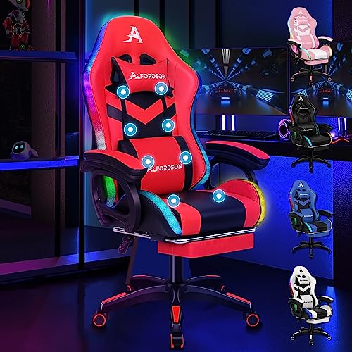 ALFORDSON Gaming-Stuhl, Bürostuhl, Drehstuhl, großer Stuhl, 8-Punkt-Massage, 12-Farben-RGB-LED-Licht, ergonomisch, mit Fußstütze, Kopfstütze und Lendenkissen, Rot und Schwarz von ALFORDSON