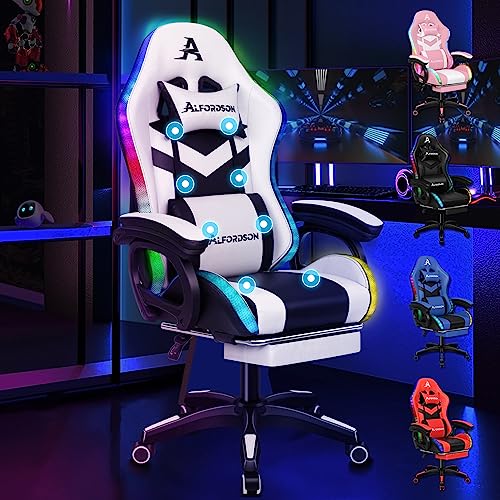 ALFORDSON Gaming-Stuhl, Bürostuhl, Drehstuhl, großer Stuhl, 8-Punkt-Massage, 12-Farben-RGB-LED-Licht, ergonomisch, mit Fußstütze, Kopfstütze und Lendenkissen, Weiß und Schwarz von ALFORDSON