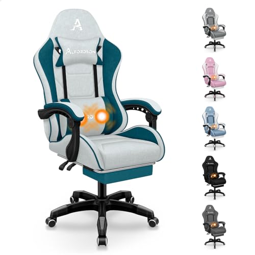 ALFORDSON Gaming Stuhl, Drehstuhl, Massagesessel, Ergonomischer Gamerstuhl mit einziehbarer Fußstütze, Kopfstütze, Massage-Lendenkissen, 180kg Tragkraft, Dunkelblaugrün von ALFORDSON