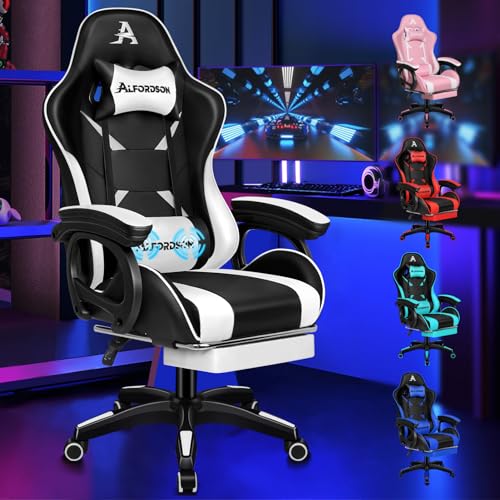 ALFORDSON Gamingstuhl, Bürostuhl, mit 2-Punkt-Massage, Fußstütze, Kopfstütze und Lendenkissen, 150° verstellbare Rückenlehne, PU-Leder, Weiß und Schwa von ALFORDSON