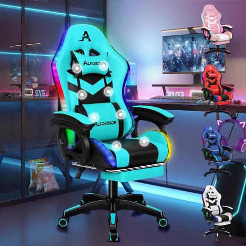 ALFORDSON Gaming-Stuhl, LED-Racing-Gamer-Stuhl mit 12-Farben-RGB-Beleuchtung, Massage-Gaming-Stuhl mit Lordosenstütze, Fußstütze, PU-Material, Cyan von ALFORDSON