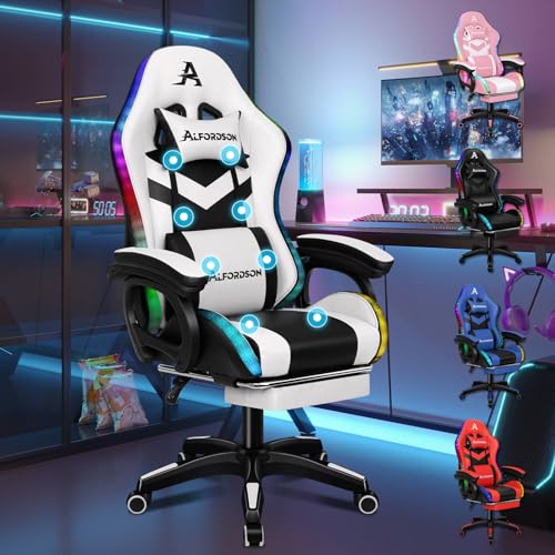 ALFORDSON Gaming-Stuhl, LED-Racing-Gamer-Stuhl mit 12-Farbiger RGB-Beleuchtung, Massage-Gaming-Stuhl mit Lordosenstütze, Fußstütze, PU-Material, Weiß von ALFORDSON
