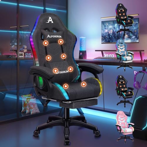 ALFORDSON Gaming-Stuhl, LED-Racing-Gamer-Stuhl mit 12-Farbiger RGB-Beleuchtung, Massage-Gaming-Stuhl mit Lordosenstütze, Fußstütze, Stoff, Grau von ALFORDSON