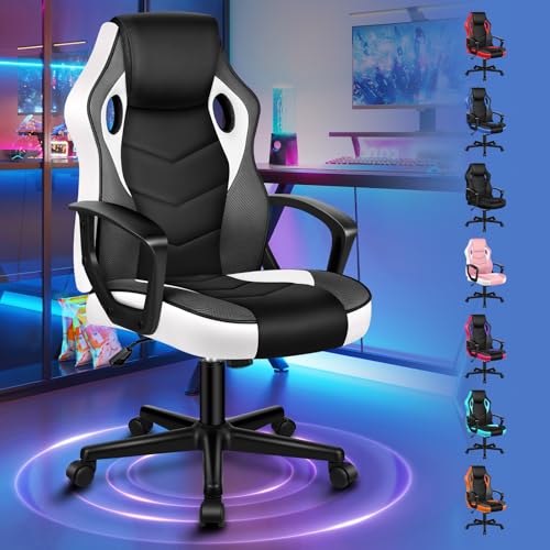 ALFORDSON Gaming-Stuhl, PC-Computer-Rennstuhl mit mittlerer Rückenlehne, ergonomischer, drehbarer Schreibtisch- und Bürostuhl aus PU-Leder und Stoff für Damen, Herren und Teenager, Weiß von ALFORDSON