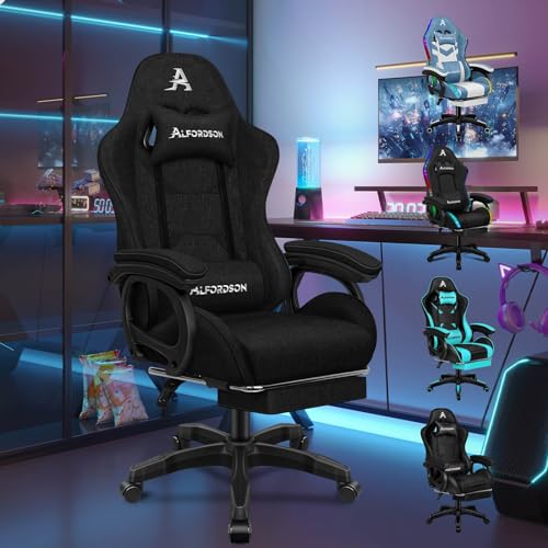 ALFORDSON Gaming Stuhl, Racing Gamer Stuhl mit 2 Punkt Massage zum Spielen, Ergonomischer Computerstuhl mit Lendenkissen, Höhenverstellbar, Stoffmaterial, Schwarz von ALFORDSON