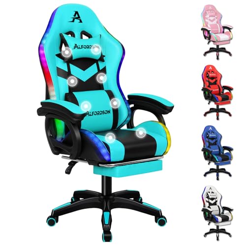 ALFORDSON Gaming Stuhl, Racing Gamer Stuhl mit LED RGB Beleuchtung, Massaging Computersessel mit Fußstütze, Ergonomischer Drehstuhl mit hebelbetätigter Rückenlehne, Cyan von ALFORDSON