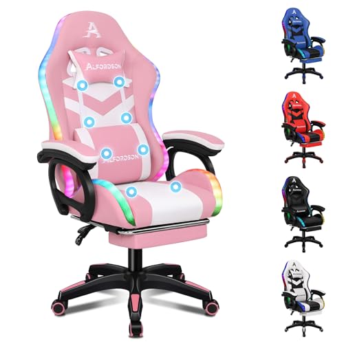 ALFORDSON Gaming Stuhl, Racing Gamer Stuhl mit LED RGB Beleuchtung, Massaging Computersessel mit Fußstütze, Ergonomischer Drehstuhl mit hebelbetätigter Rückenlehne, Rosa von ALFORDSON