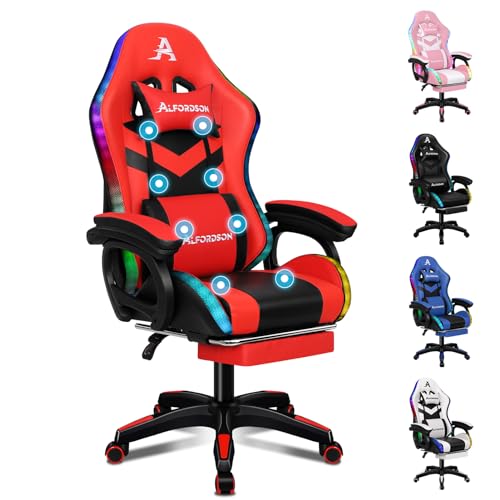 ALFORDSON Gaming Stuhl, Racing Gamer Stuhl mit LED RGB Beleuchtung, Massaging Computersessel mit Fußstütze, Ergonomischer Drehstuhl mit hebelbetätigter Rückenlehne, Rot von ALFORDSON