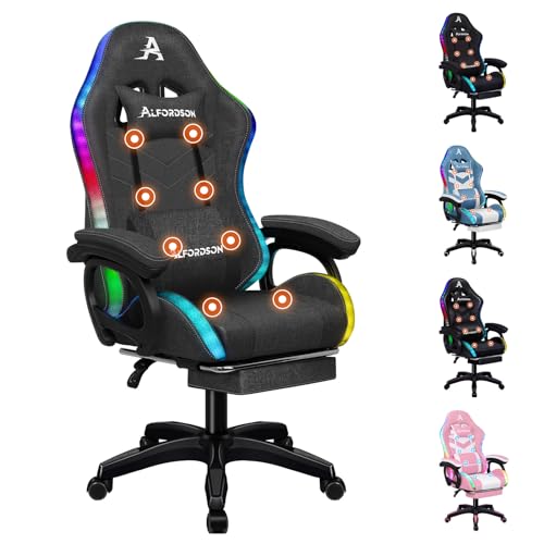 ALFORDSON Gaming Stuhl, Racing Gamer Stuhl mit LED RGB Beleuchtung, Massaging Computersessel mit Fußstütze, Ergonomischer Drehstuhl mit hebelbetätigter Rückenlehne, Leinenstoff, Grau von ALFORDSON