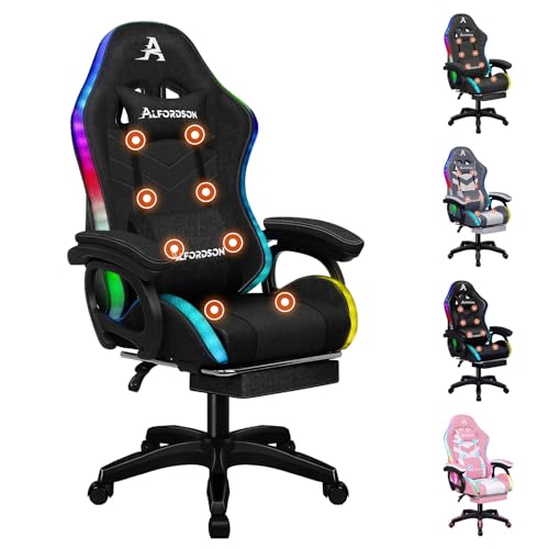 ALFORDSON Gaming Stuhl, Racing Gamer Stuhl mit LED RGB Beleuchtung, Massaging Computersessel mit Fußstütze, Ergonomischer Drehstuhl mit hebelbetätigter Rückenlehne, Leinenstoff, Schwarz von ALFORDSON