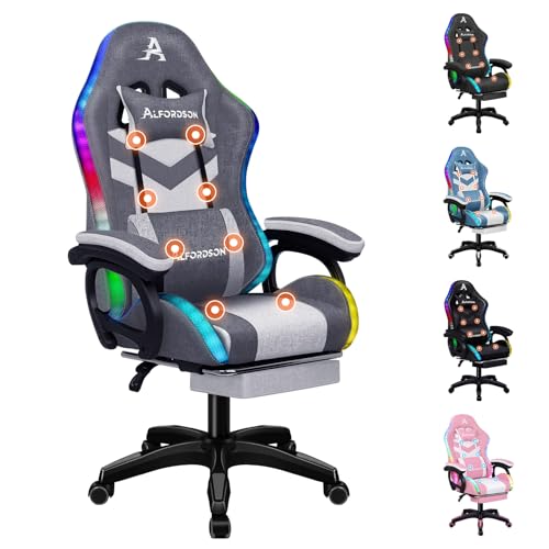 ALFORDSON Gaming Stuhl, Racing Gamer Stuhl mit LED RGB Beleuchtung, Massaging Computersessel mit Fußstütze, Ergonomischer Drehstuhl mit hebelbetätigter Rückenlehne, Stoff, Spleißgrau von ALFORDSON