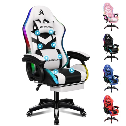ALFORDSON Gaming Stuhl, Racing Gamer Stuhl mit LED RGB Beleuchtung, Massaging Computersessel mit Fußstütze, Ergonomischer Drehstuhl mit hebelbetätigter Rückenlehne, Weiß von ALFORDSON