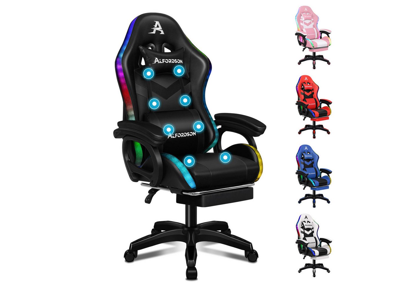 ALFORDSON Gaming-Stuhl Ergonomisch, Gamer Stühle mit Lendenwirbelkissen, Kopfstütze (1 St), Höhenverstellbar mit LED-Leuchten und 8-Punkt-Massagefunktion von ALFORDSON