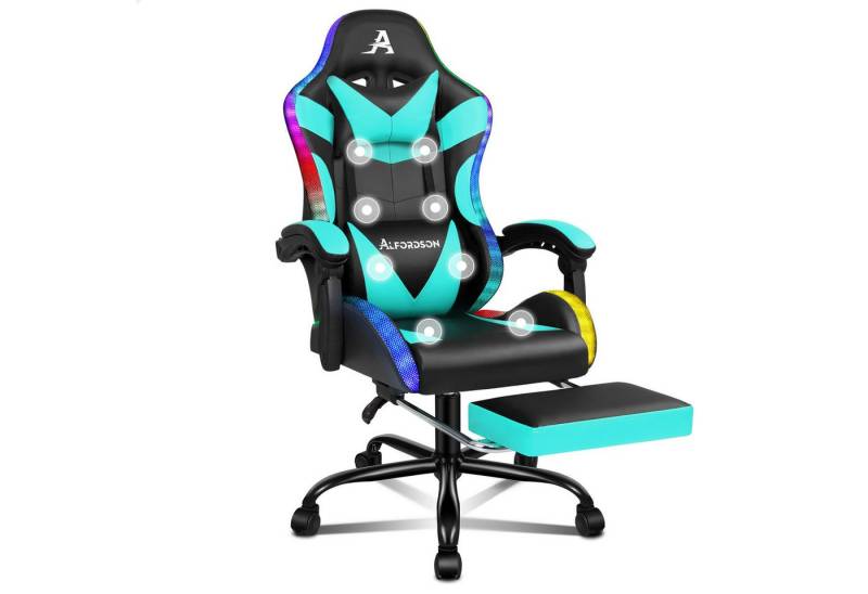 ALFORDSON Gaming-Stuhl Massagestuhl mit LED, ergonomischer Schreibtischstuhl mit 150° Neigung, Einziehbarer Fußstütze, PU-Leder, Höhenverstellbar, 180 kg Tragkraft von ALFORDSON