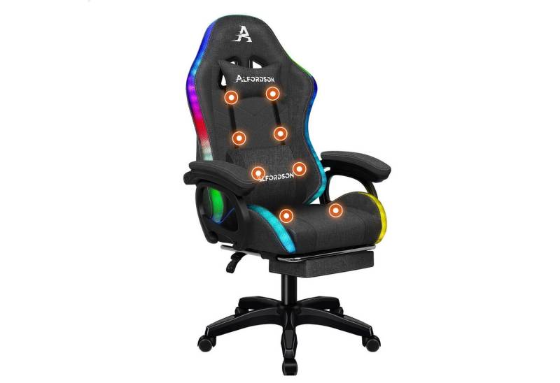 ALFORDSON Gaming-Stuhl mit 8-Punkt-Massagefunktion, mit RGB-Beleuchtung, mit Lendenwirbelstütze und Kopfstütze, Stoff, Dunkelgrau von ALFORDSON