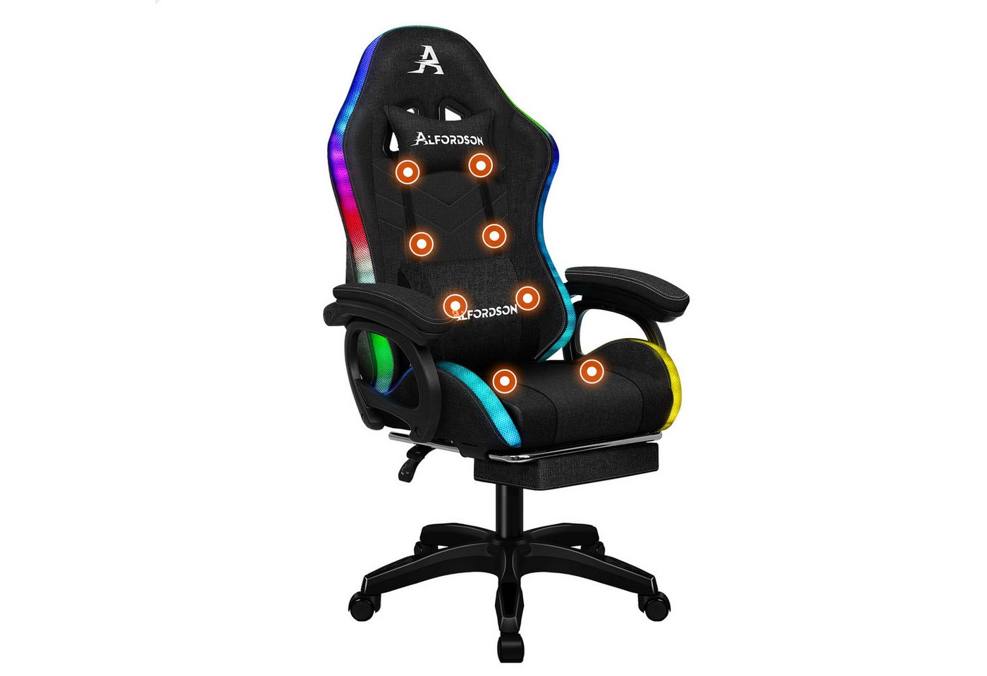 ALFORDSON Gaming-Stuhl mit 8-Punkt-Massagefunktion, mit RGB-Beleuchtung, mit Lendenwirbelstütze und Kopfstütze, Stoff, schwarz ALFORDSON Gaming-Stuhl mit 8-Punkt-Massagefunktion, mit RGB-Beleuchtung, mit Lendenwirbelstütze und Kopfstütze, Stoff, schwarz von ALFORDSON