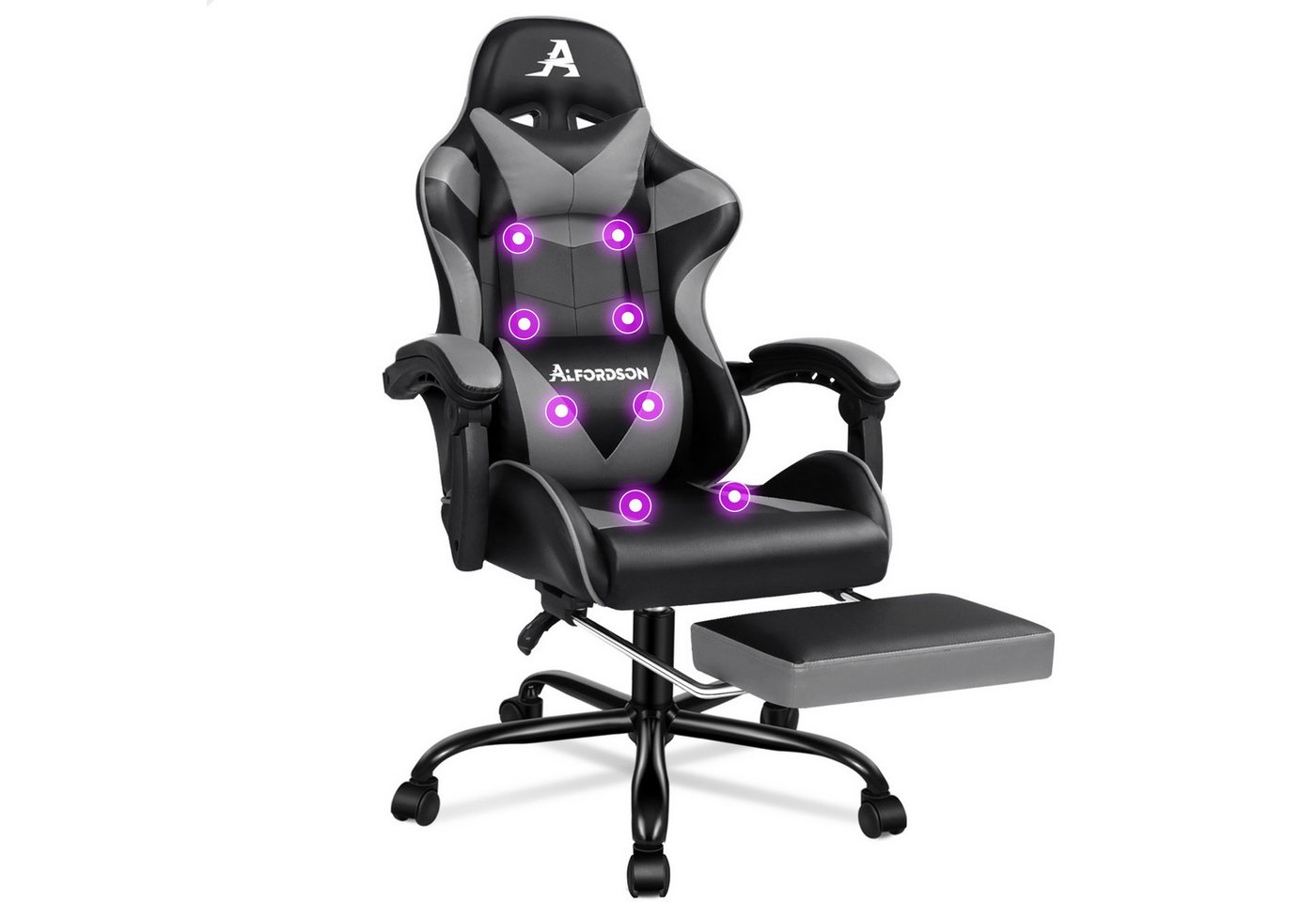 ALFORDSON Gaming-Stuhl mit Fußstütze, 8 Massagepunkten & 150° Neigung, PU-Leder, Ergonomischer Racing-Sessel, höhenverstellbar, 180 kg Tragkraft von ALFORDSON