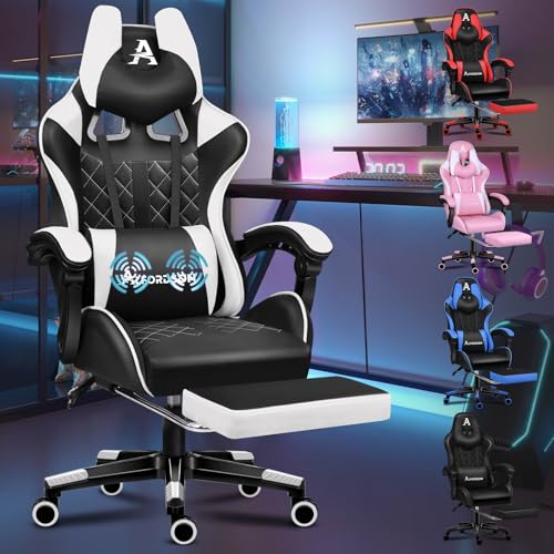 ALFORDSON Gaming-Stuhl mit Fußstütze und Lendenwirbelkissen, ergonomischer Computer-Bürostuhl mit 150° Neigung, Videospiel-Schreibtischstuhl mit hoher Rückenlehne, 180 kg Tragkraft, Cremeweiß von ALFORDSON