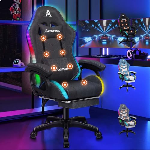 ALFORDSON Gaming Stuhl mit 8-Punkt Massage 12 Farben RGB LED-Licht, Bürostuhl Ergonomisch mit fußstützen, Kopfstütze Lendenkissen für Kinder Erwachsene, Stoffmaterial, Grau von ALFORDSON
