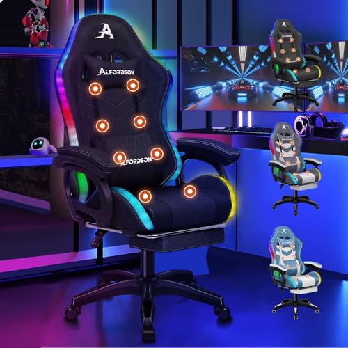 ALFORDSON Gaming Stuhl mit 8-Punkt Massage 12 Farben RGB LED-Licht, Bürostuhl Ergonomisch mit fußstützen, Kopfstütze Lendenkissen für Kinder Erwachsene, Stoffmaterial, Hellschwarz von ALFORDSON