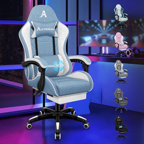 ALFORDSON Bürostuhl, Gaming-Stuhl, Massage-Gaming-Stuhl, Ergonomischer Gamer-Stuhl mit Fußstütze, Kopfstütze, Massage-Lendenkissen, Gepolstert, Drehstuhl aus Leinenstoff, Blau von ALFORDSON