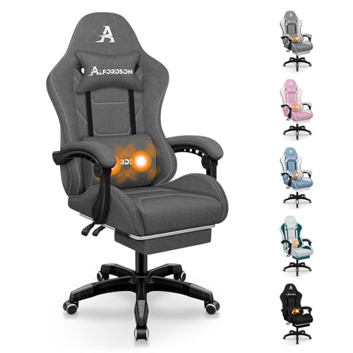 ALFORDSON Bürostuhl, Gaming-Stuhl, Massage-Gaming-Stuhl, Ergonomischer Gamer-Stuhl mit Fußstütze, Kopfstütze, Massage-Lendenkissen, Gepolstert, Drehstuhl aus Leinenstoff, Dunkelgrau von ALFORDSON