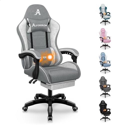 ALFORDSON Bürostuhl, Gaming-Stuhl, Massage-Gaming-Stuhl, Ergonomischer Gamer-Stuhl mit Fußstütze, Kopfstütze, Massage-Lendenkissen, Gepolstert, Drehstuhl aus Leinenstoff, Grau von ALFORDSON
