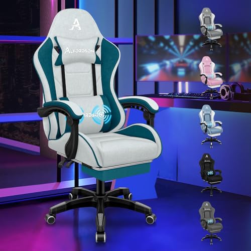 ALFORDSON Bürostuhl, Gaming-Stuhl, Massage-Gaming-Stuhl, Ergonomischer Gamer-Stuhl mit Fußstütze, Kopfstütze, Massage-Lendenkissen, Gepolstert, Drehstuhl aus Leinenstoff, Dunkelblaugrün von ALFORDSON