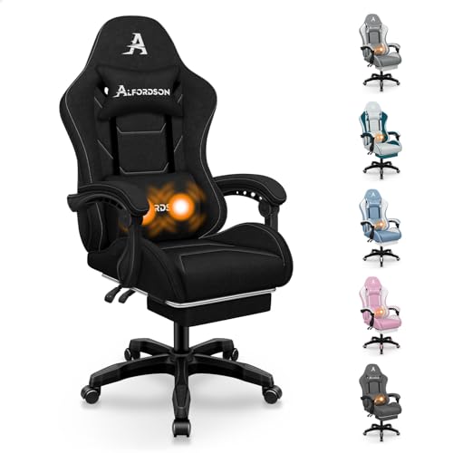 ALFORDSON Gaming-Stuhl mit Massage-Lendenwirbelkissen, ergonomischer Gamer-Racer-Stuhl mit Verstellbarer Rückenlehne, Drehstuhl mit Fußstütze, höhenverstellbar, Schwarz von ALFORDSON