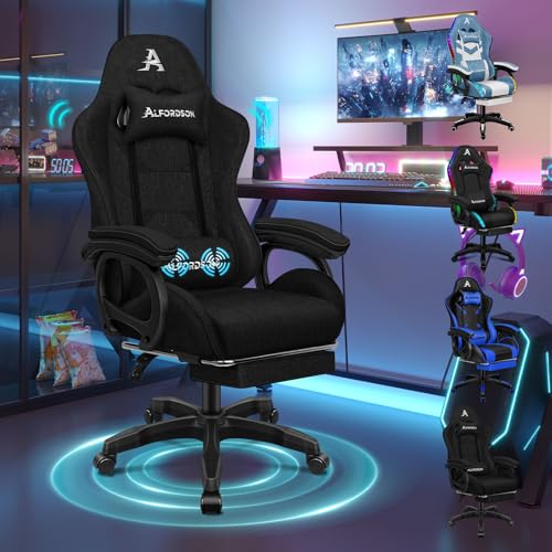 ALFORDSON Massage GamerStuhl, Computer Bürostuhl mit Fußstütze, 2-Punkt-Massage Stuhl 180kg Belastbarkeit, 90-150° Rückenlehne einstellbar Ergonomischer PC Stuhl, 360° drehbar, Leinenstoff, Schwarz von ALFORDSON