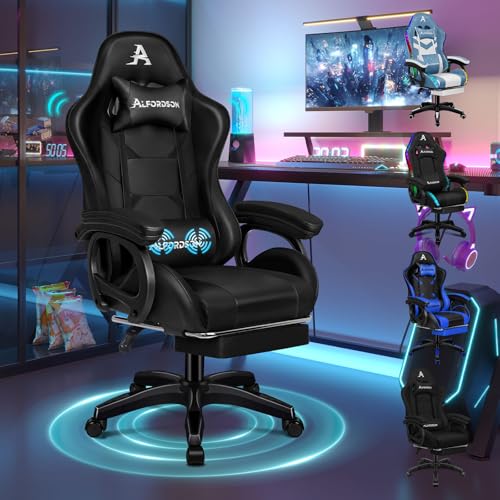 ALFORDSON Massage Gamer Stuhl, Computer Bürostuhl mit Fußstütze, 2-Punkt-Massage Stuhl 180kg Belastbarkeit, 90-150° Rückenlehne einstellbar Ergonomischer PC Stuhl, 360° drehbar, Schwarz von ALFORDSON