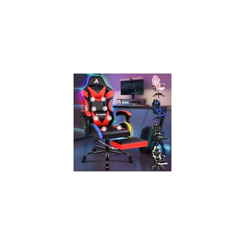 ALFORDSON Massage-Gaming-Stuhl, Gamer-Stuhl mit LED, 150° Neigung, ergonomischer Chefsessel, PU-Leder mit Fußstütze, höhenverstellbar, Rennstuhl, 180 kg Tragkraft, Rot von ALFORDSON