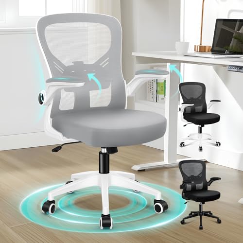 ALFORDSON Netzstoff Bürostuhl mit Lendenstütze, Hochwertiger Schaumstoff Sitz, Neigeverstellung, Hochklappbare Armlehnen, Flüsterleise Rollen, Stabile Basis, 180kg, Homeoffice, Keldon, Weiß & Grau von ALFORDSON