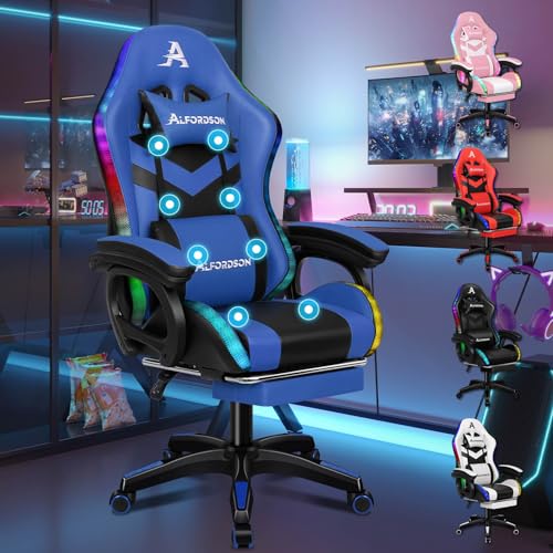 ALFORDSON Racing Gaming Stuhl, Massage Gamer Stuhl mit 12 LED Farben RGB Beleuchtung, Ergonomischer Sessel mit Lordosenstütze, Liegestuhl mit Fußstütze, PU Leder, Blau von ALFORDSON