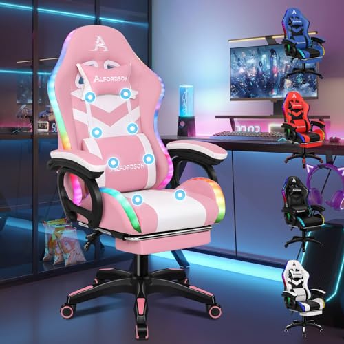 ALFORDSON Racing Gaming Stuhl, Massage Gamer Stuhl mit 12 LED Farben RGB Beleuchtung, Ergonomischer Sessel mit Lordosenstütze, Liegestuhl mit Fußstütze, PU Leder, Rosa von ALFORDSON