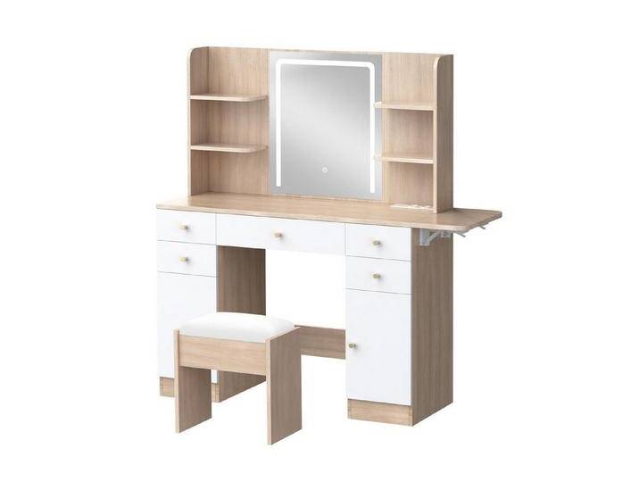 ALFORDSON Schminktisch Schminktisch mit LED-Spiegel und 5 Schubladen, Aufbewahrungshocker (1-St), Frisiertisch mit Steckdose und 10 Lichtern, beige von ALFORDSON