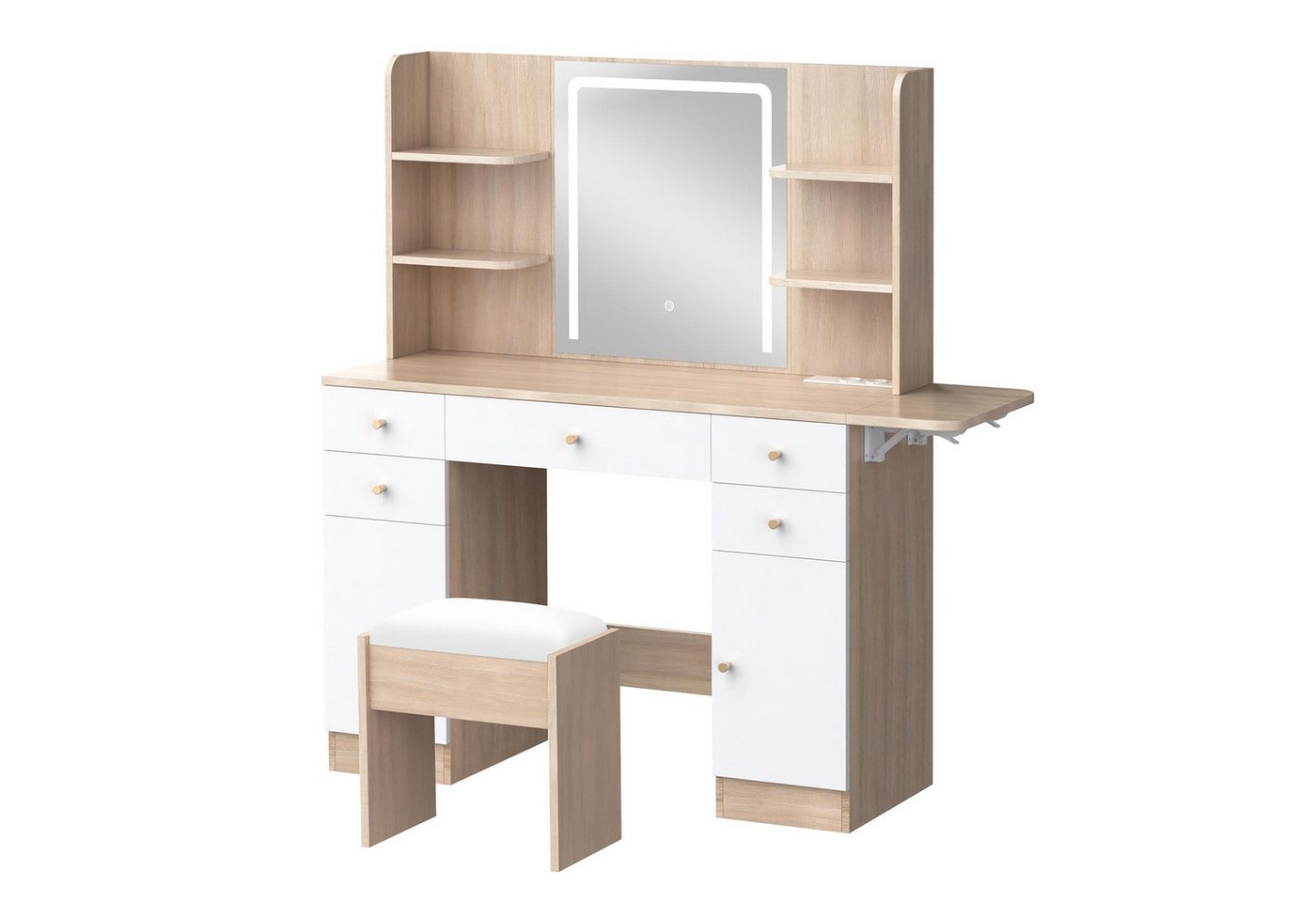 ALFORDSON Schminktisch Schminktisch mit LED-Spiegel und 5 Schubladen, Aufbewahrungshocker (1-St), Frisiertisch mit Steckdose und 10 Lichtern von ALFORDSON