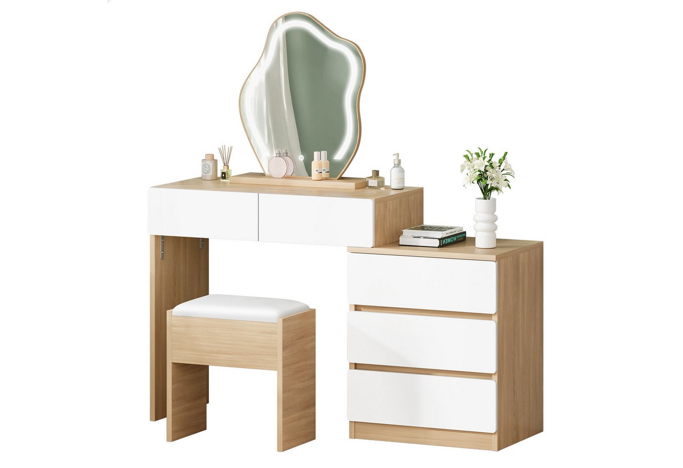 ALFORDSON Schminktisch mit 2 geräumigen Schubladen und Aufbewahrungshocker (Frisiertisch Kosmetiktisch mit 10-stufiger Dimmbarer LED-Spiegel, 1-St), Wand- und freistehender Spiegel, für Damen- & Mädchenschlafzimmer von ALFORDSON